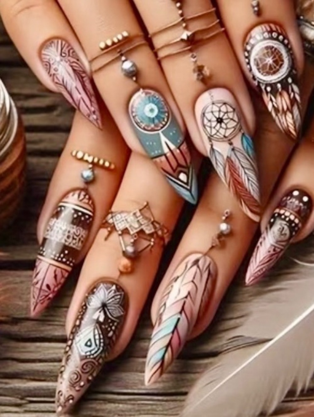 New -Super Cool -24Pcs Reusable Press-On-Nails w/Dreamcatcher Design